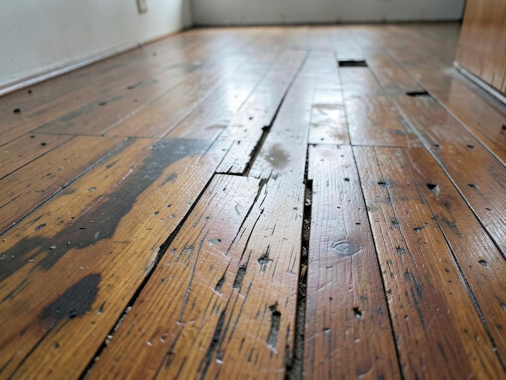 Piso de madeira desgastado antes da restauração